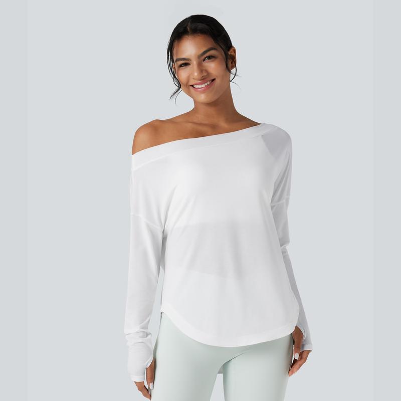 Women’s One-Shoulder Long Sleeve Yoga Top with Built-In Bra