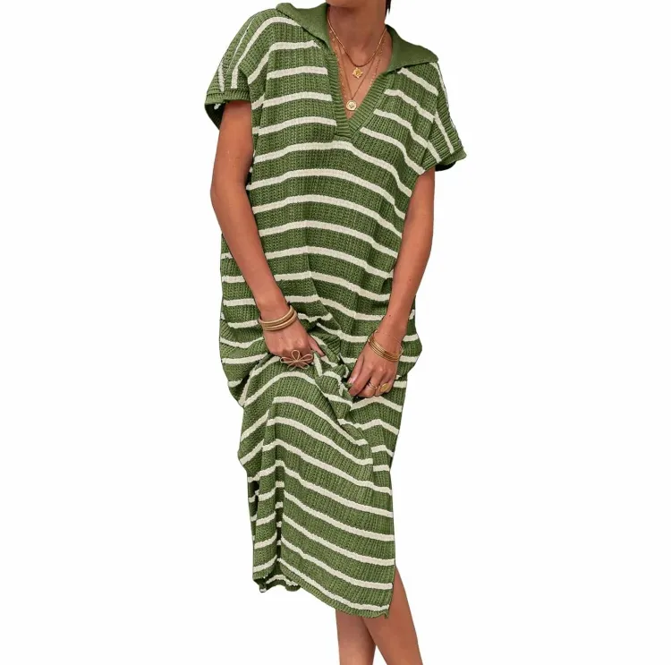 Women's Striped Summer Dress – V-Neck Short Sleeve Knit Collar Loose Maxi Dress with Slit