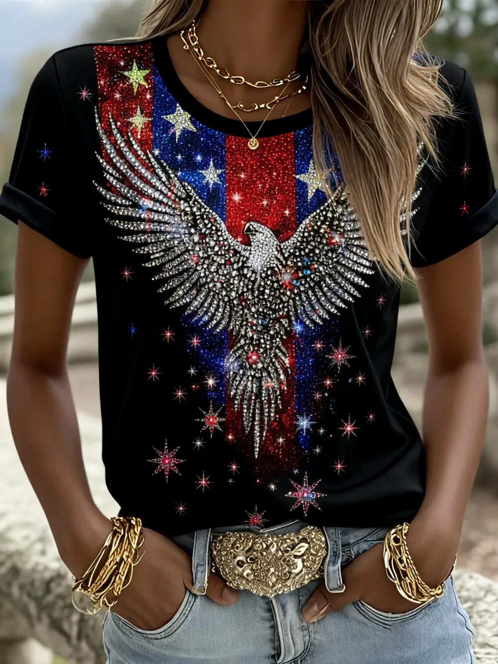 Women's America 250 鈥?Sparkling Eagle Freedom Print T-Shirt