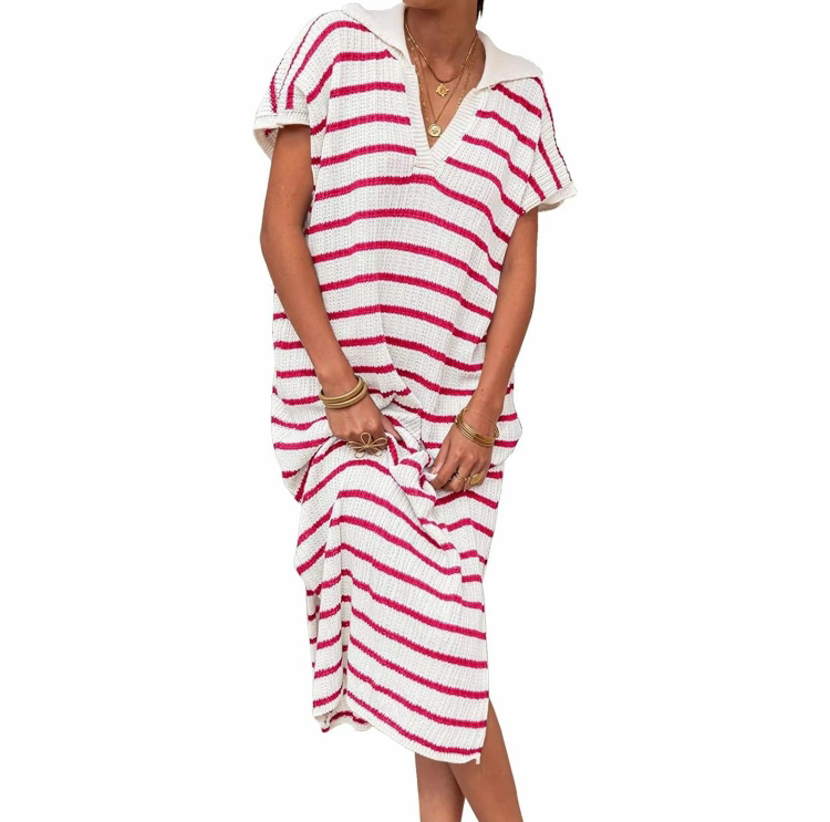 Women's Striped Summer Dress – V-Neck Short Sleeve Knit Collar Loose Maxi Dress with Slit