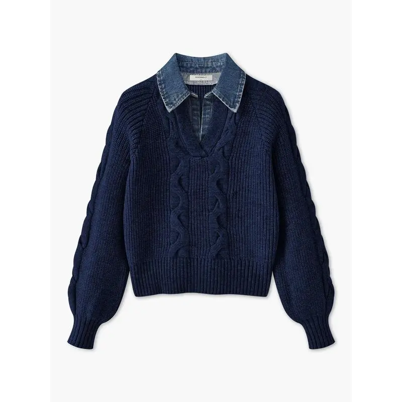 Denim Panel Ribbed Lapel Sweater