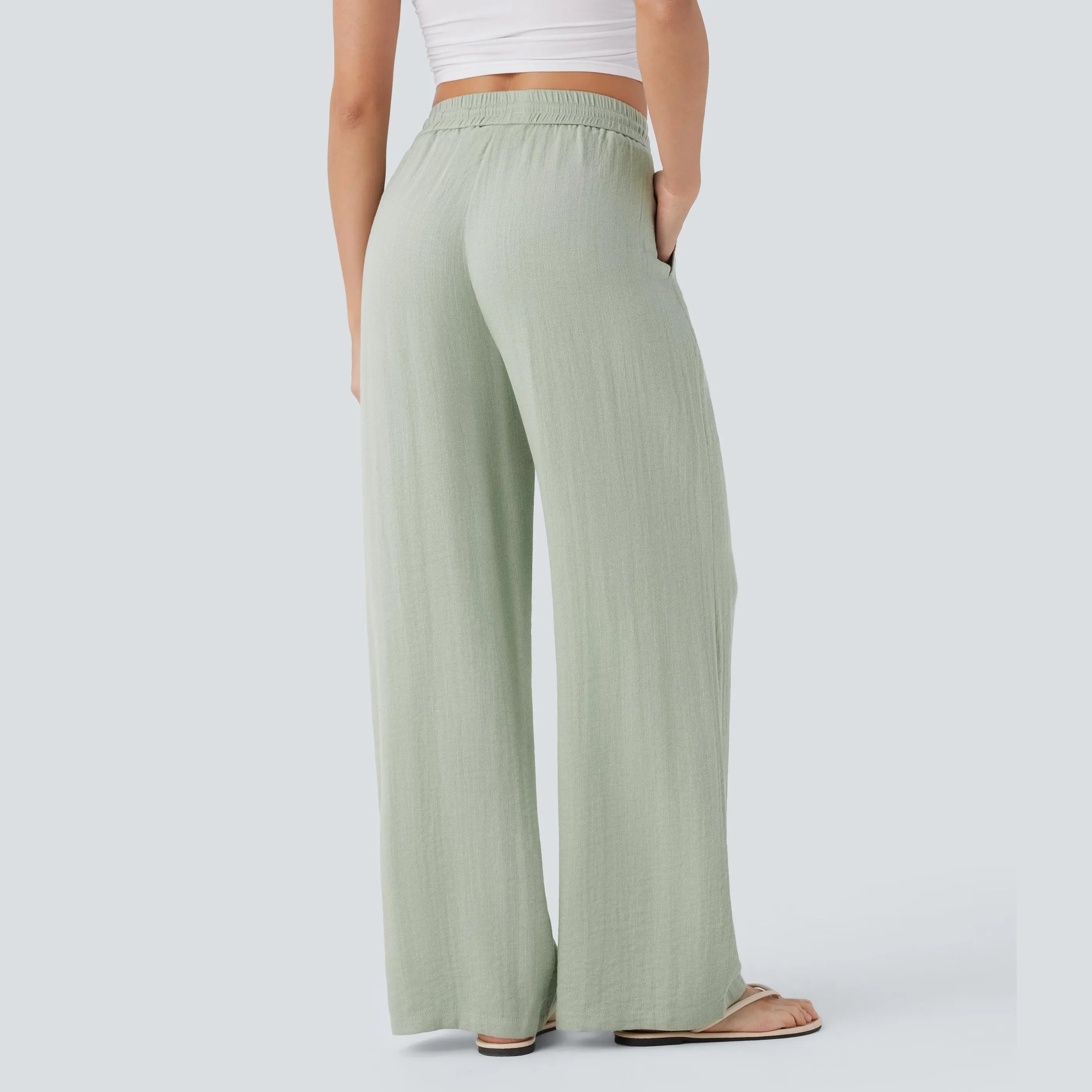 Women's High Waist Drawstring Wide Leg Linen-Feel Casual Pants with Pockets