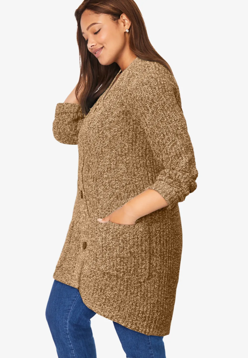 Button-Front Shaker Cardigan