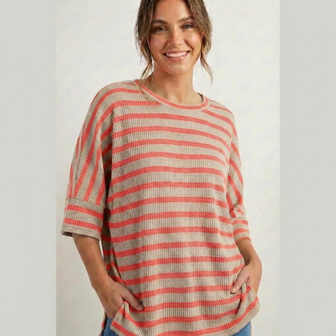 Women's Ribbed Striped 3/4 Sleeve Top – Easy Fit Everyday Essential