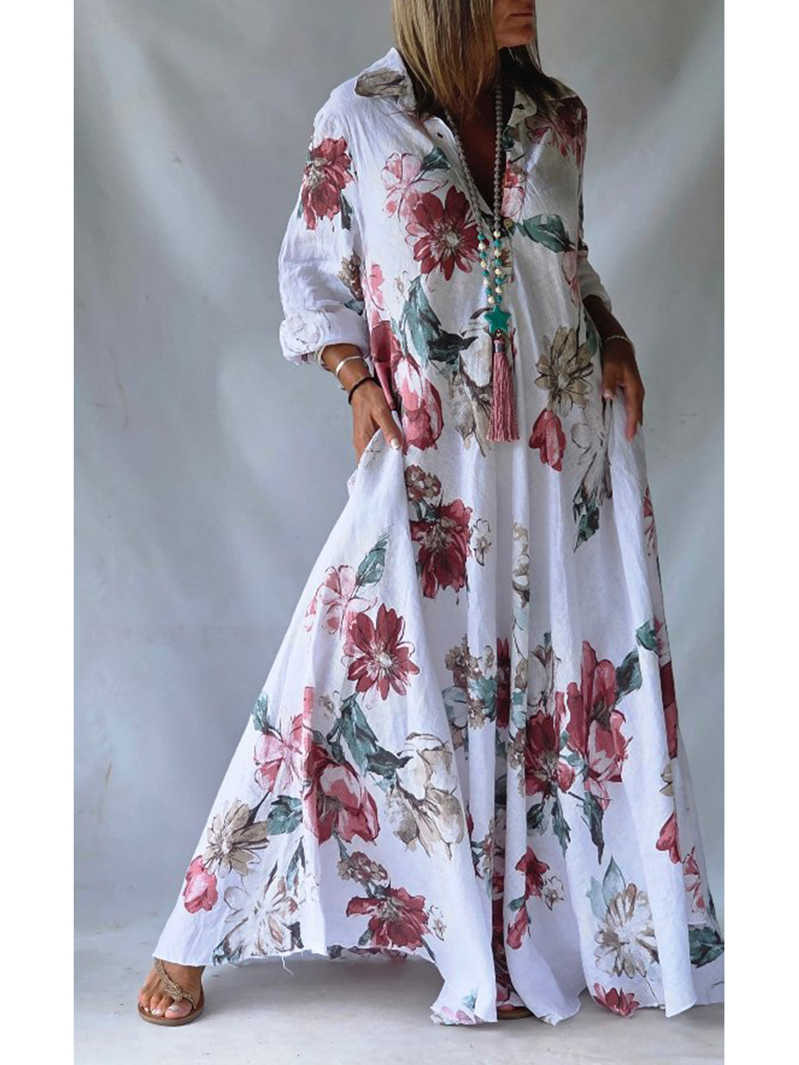Loose-fitting Casual Linen And Cotton Floral Print Shirt Dress