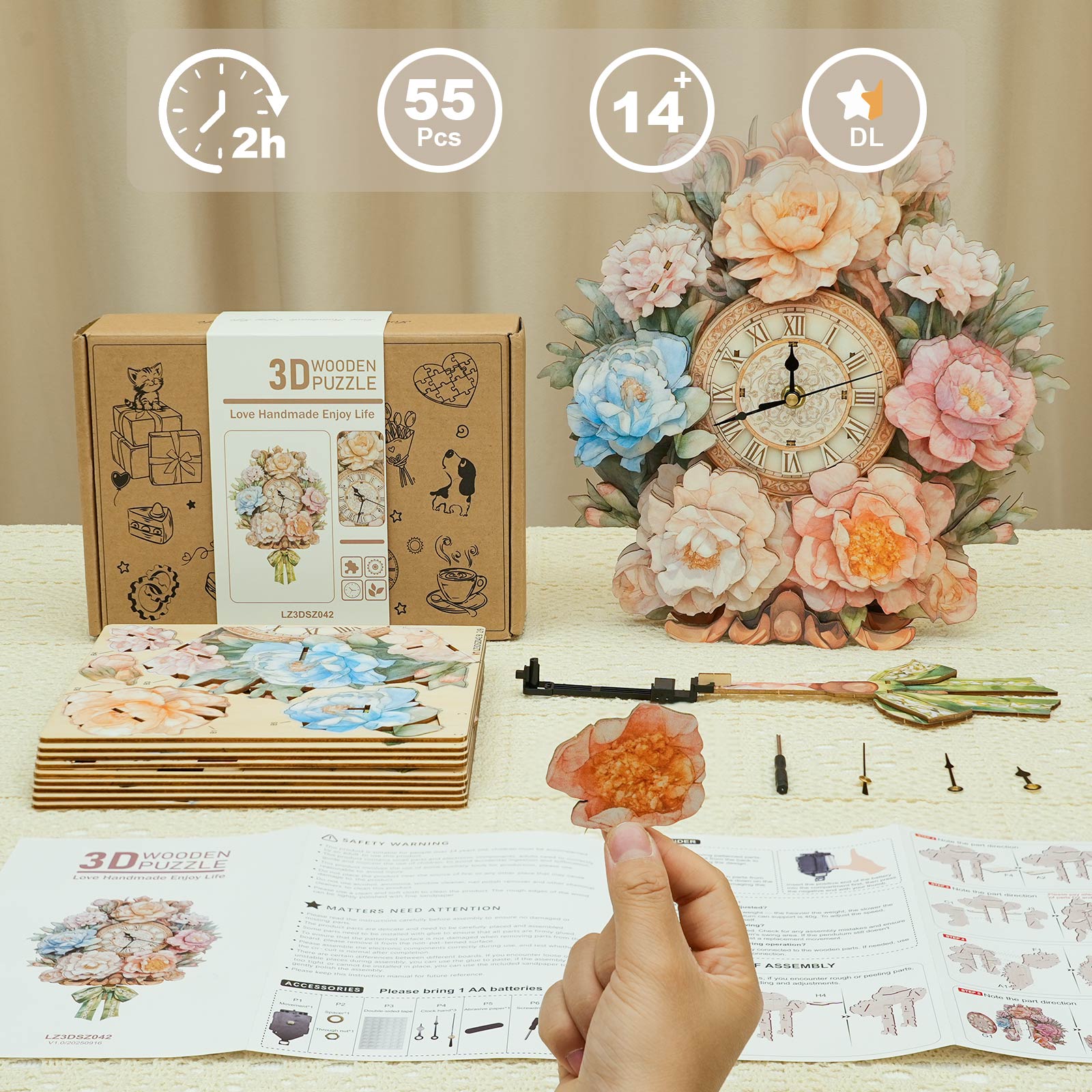 Bouquet– DIY Wooden Clock, 3D Puzzle Craft Kit