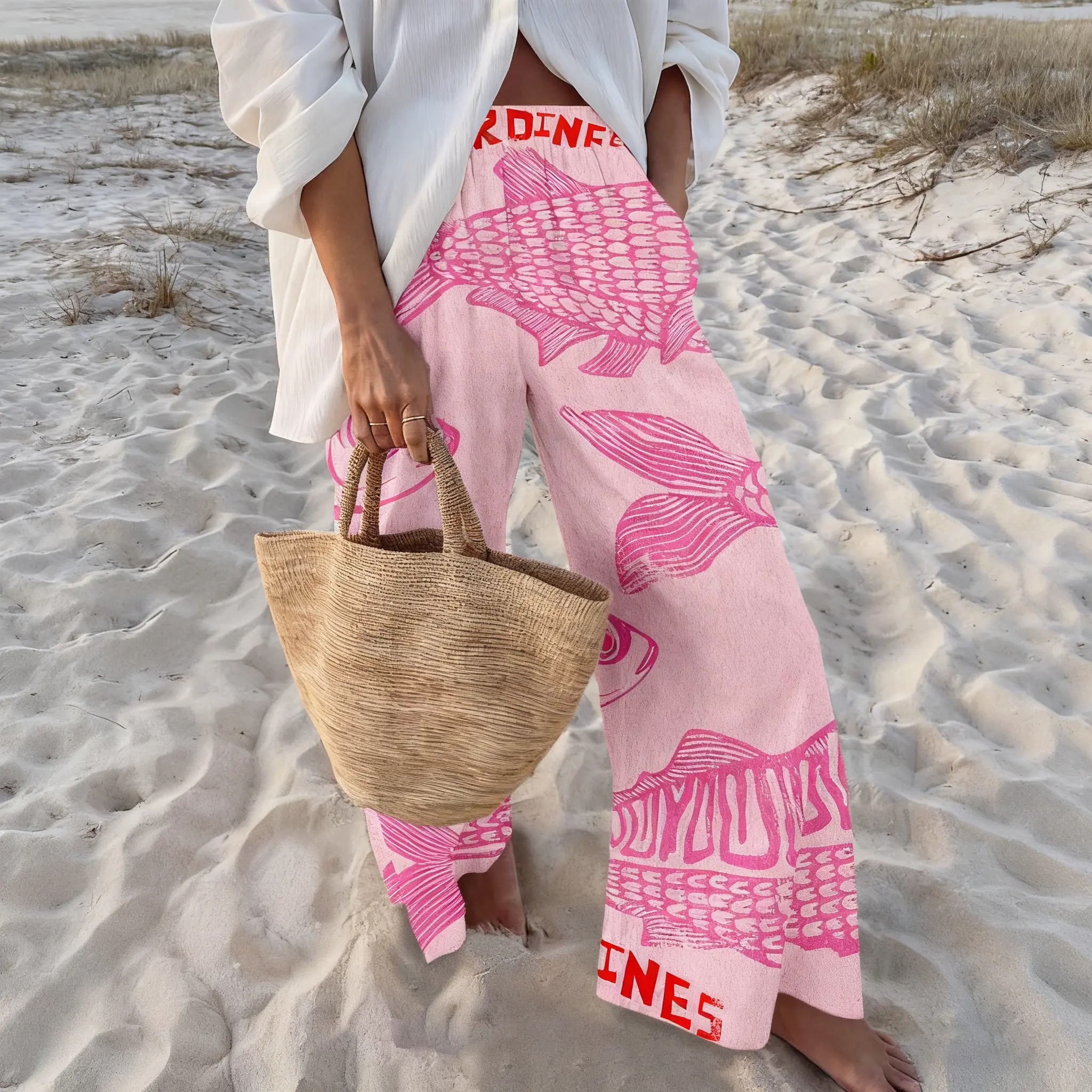 Women's Retro Nautical-Style Sardine Print Wide-Leg Pants with Contrasting Painted Loose and Comfortable