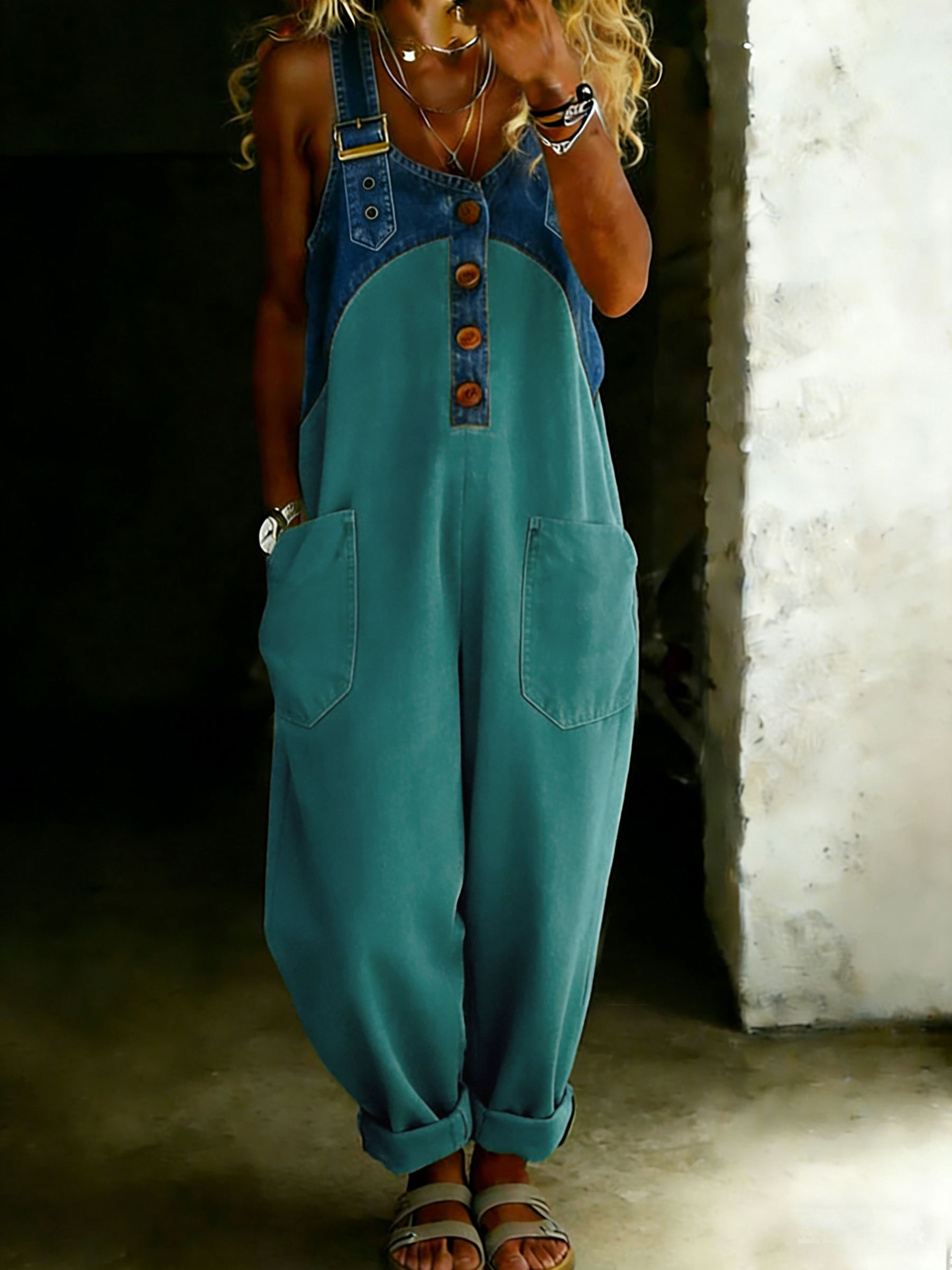 Women’s Casual One Piece Denim Denim Patchwork Jumpsuit