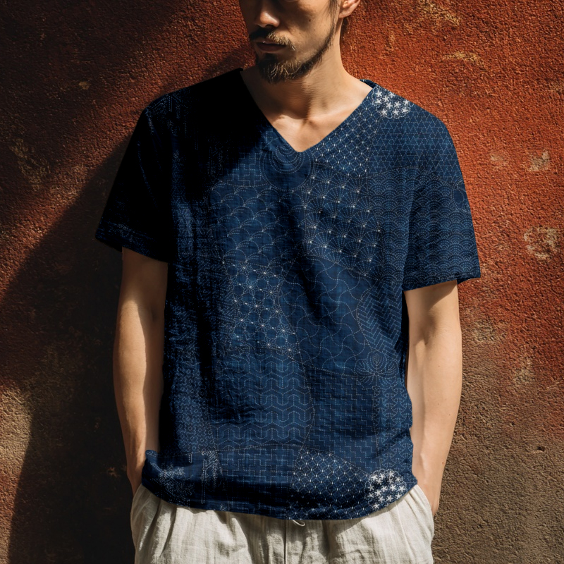 Men's Japanese Traditional Sashiko Art Linen T Shirt