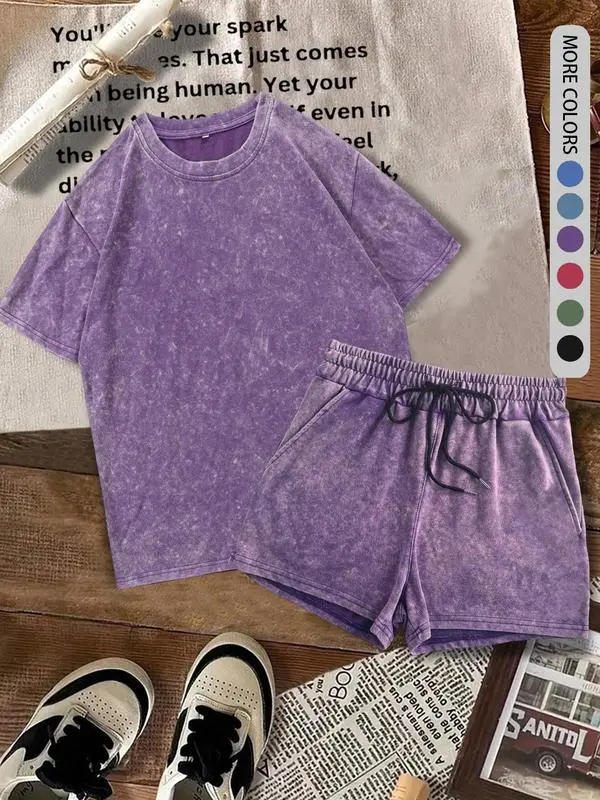 Women's 2-Piece Summer Set – Fitted Cotton Tee & Denim-Print Shorts