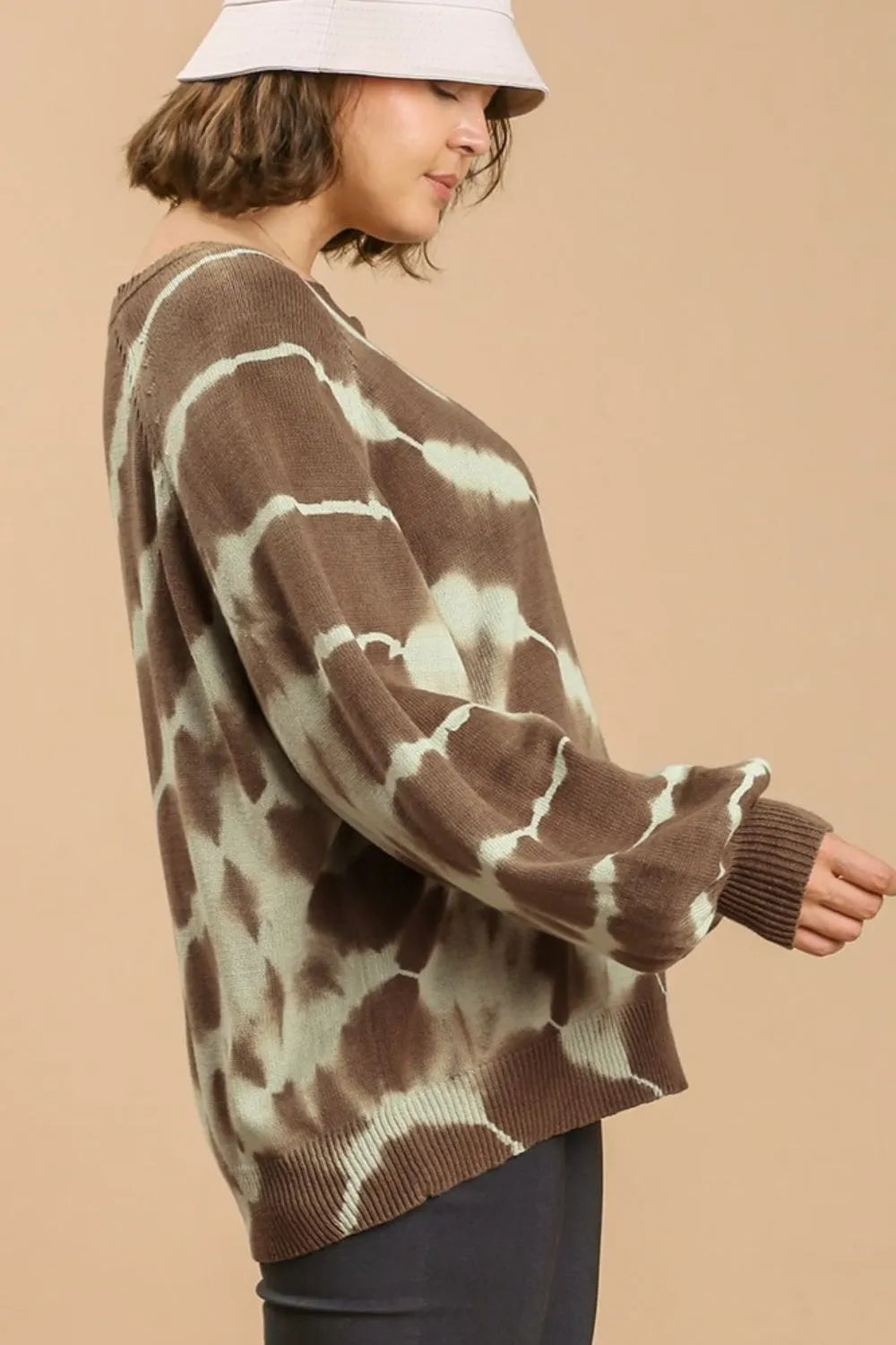 Full Size Ribbed Hem Tie Dye Round Neck Sweater Plus Size