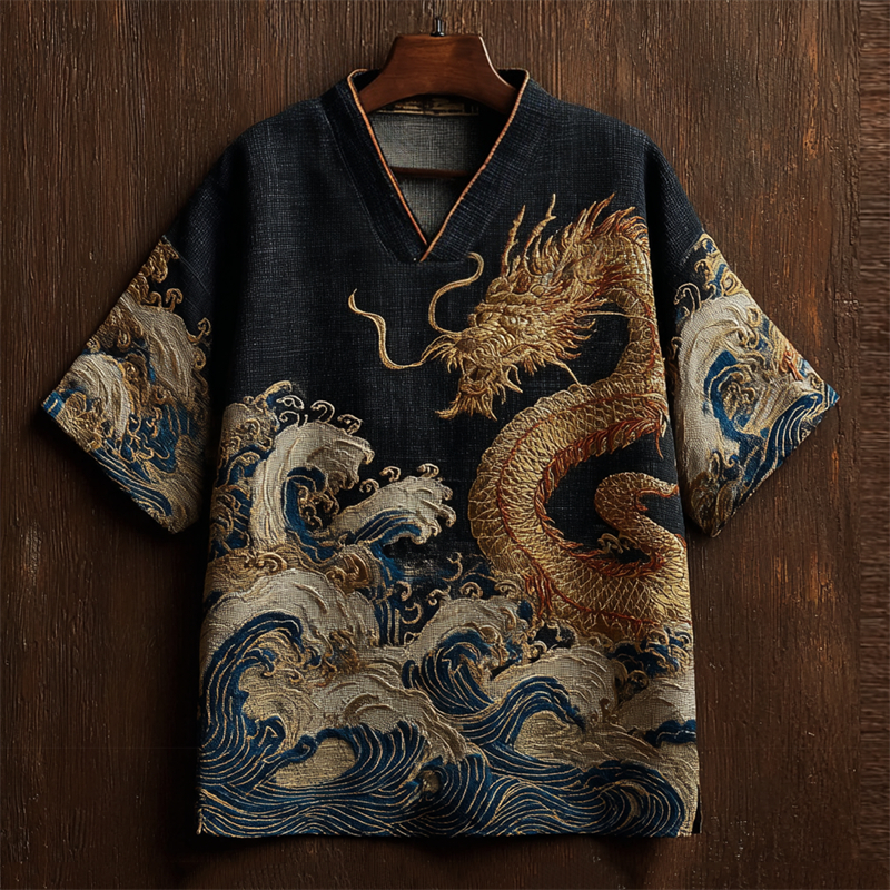 Japanese Sea Waves & Eastern Dragon Embroidered Linen Shirt