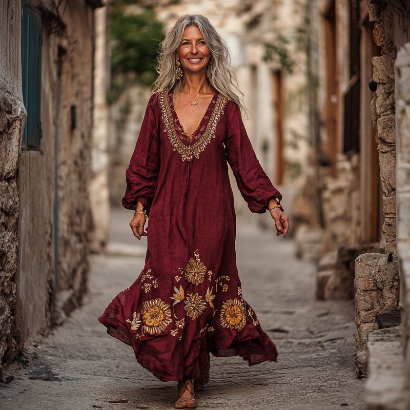 Vintage Loose Linen Patchwork Dress 63c1