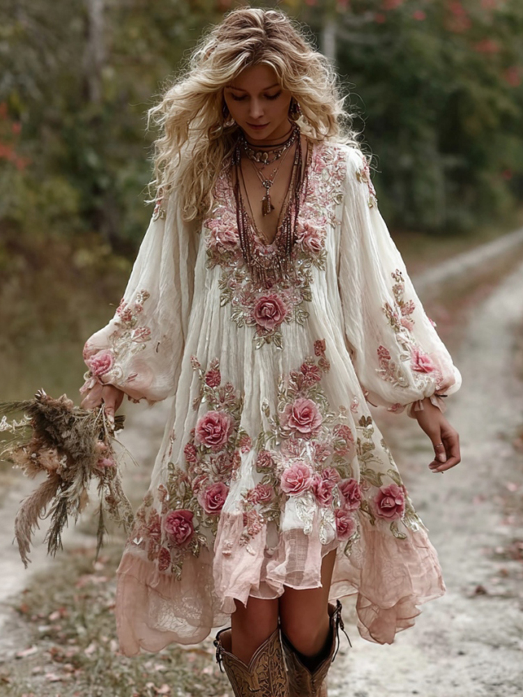 Women's Vintage Floral Embroidery Art Comfy Linen Maxi Dress