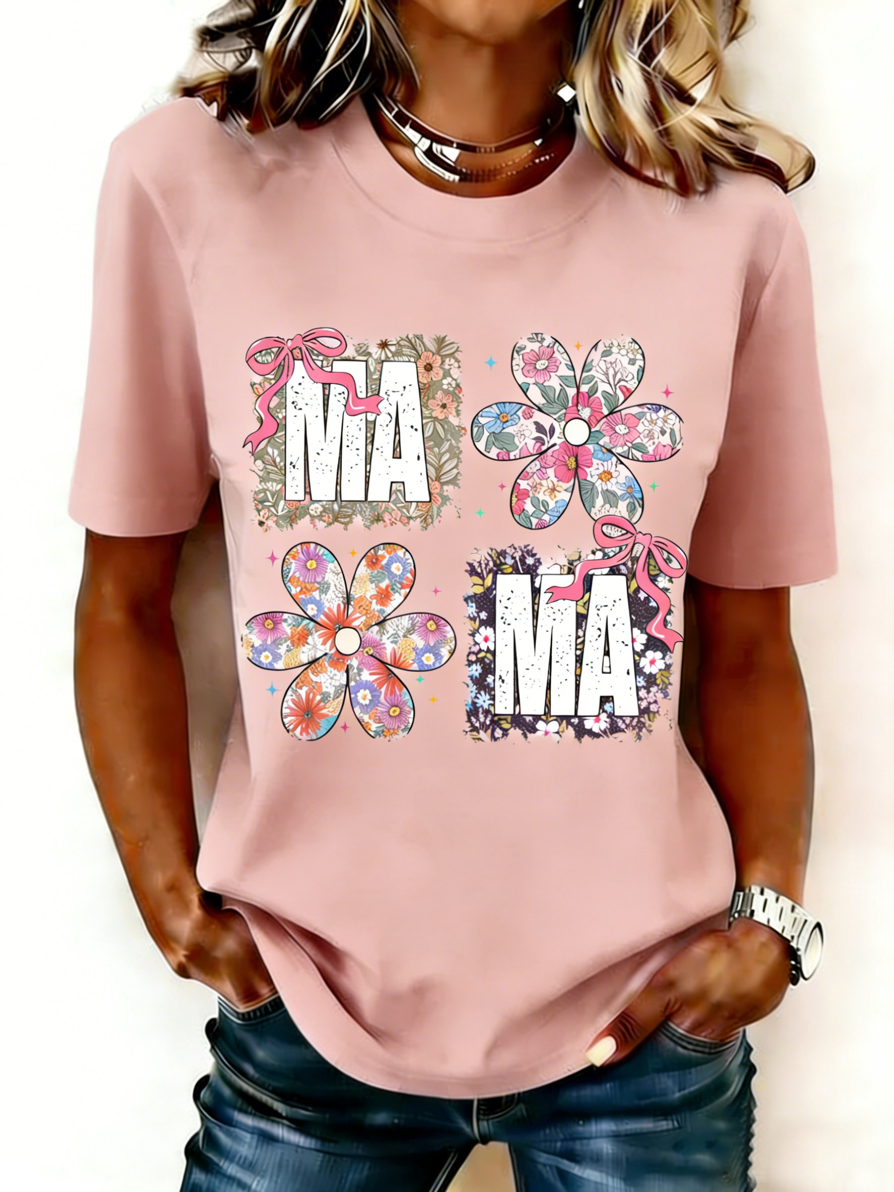 Mother's Day Letter Pattern Floral Short Sleeve Round Neck Loose  Casual T-Shirt