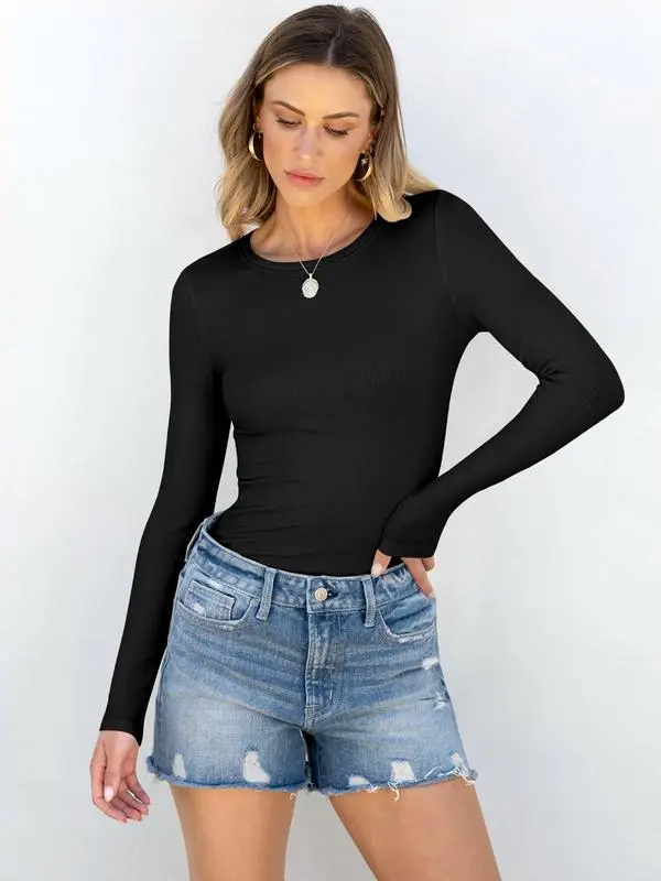 Women Long Sleeve Crewneck Rib Knit Slim Fit Shirts