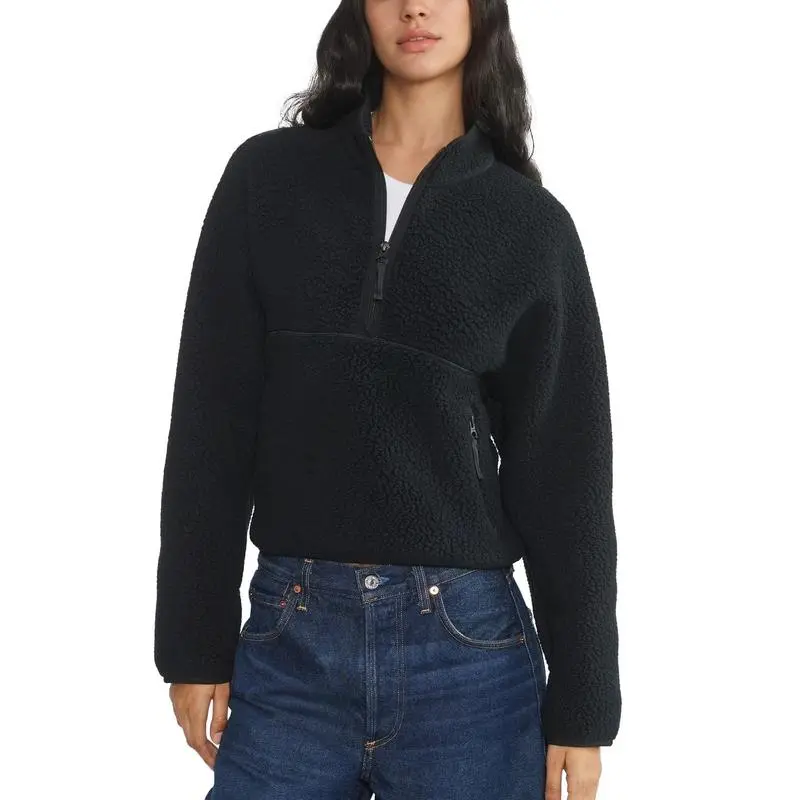 Women’s Fleece Cropped Pullover – Half Zip Sherpa Jacket with Pockets