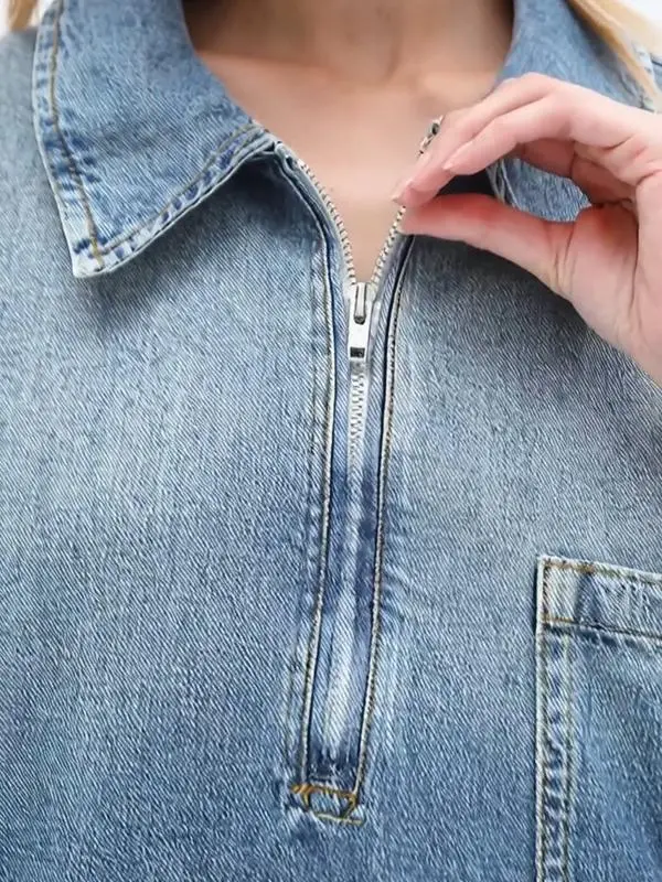 Women's Denim Dress Half-Zip Collared Vintage Washed Blue Loose Fit Long Sleeve
