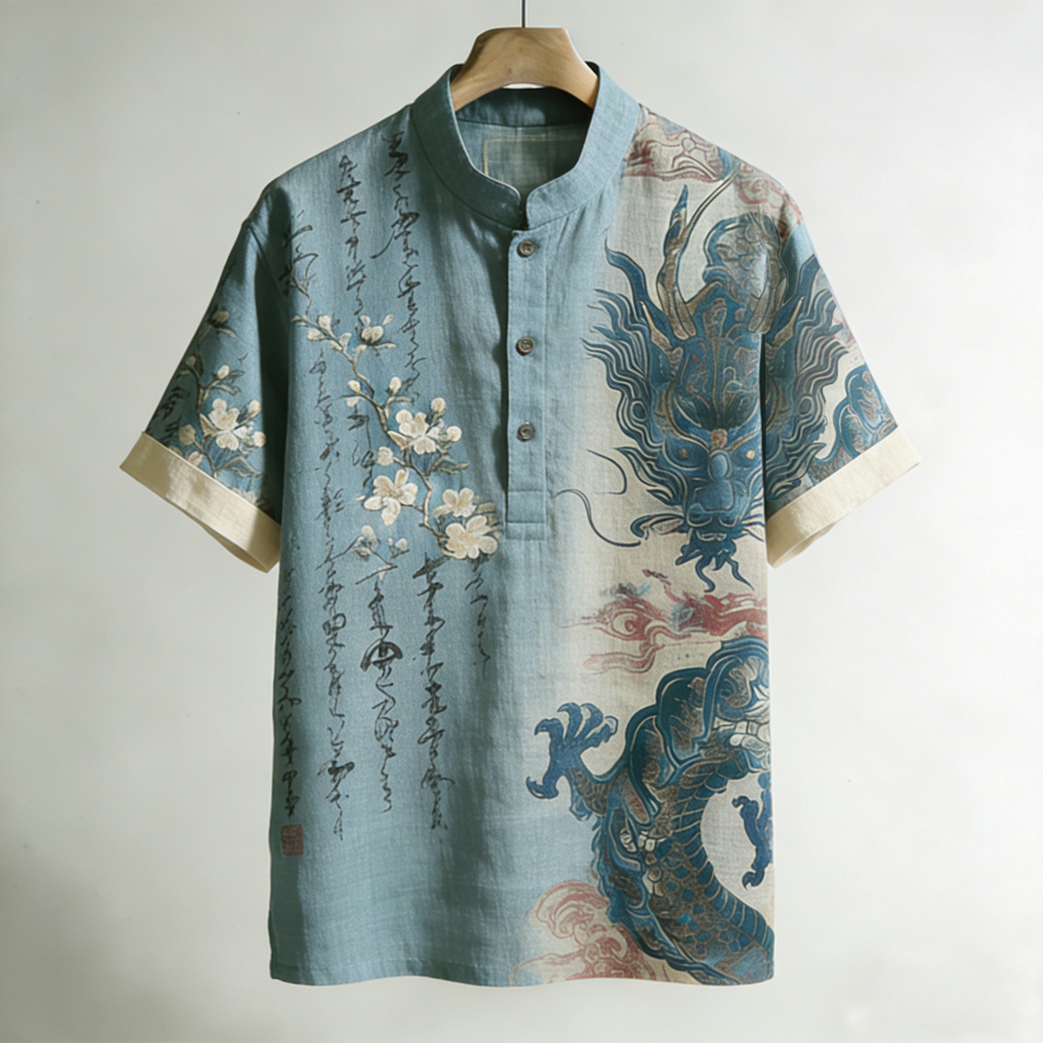 Men's Retro Floral Calligraphy And Dragon Pattern Short Sleeve Shirt