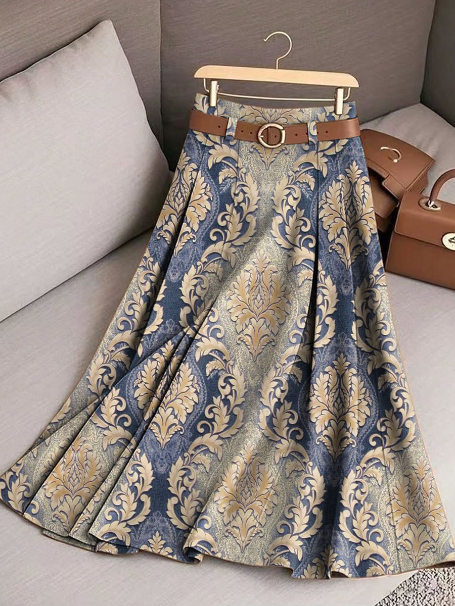 Women's Vintage Floral Art Print Casual Cotton Skirt