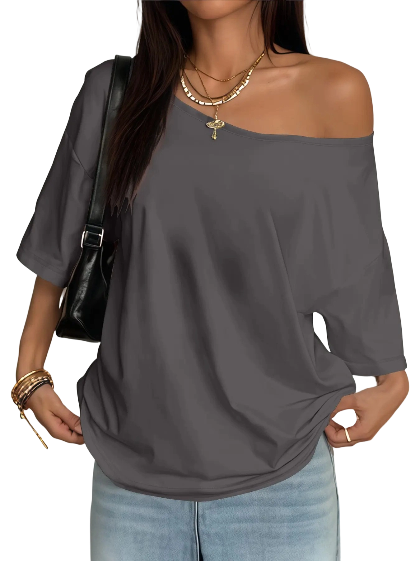 Plus Size Women's Asymmetrical Shoulder Top, Trendy Fashion Short Sleeve Blouse, Thin Lightweight Fitted Daily Wear for Plus Size Ladies