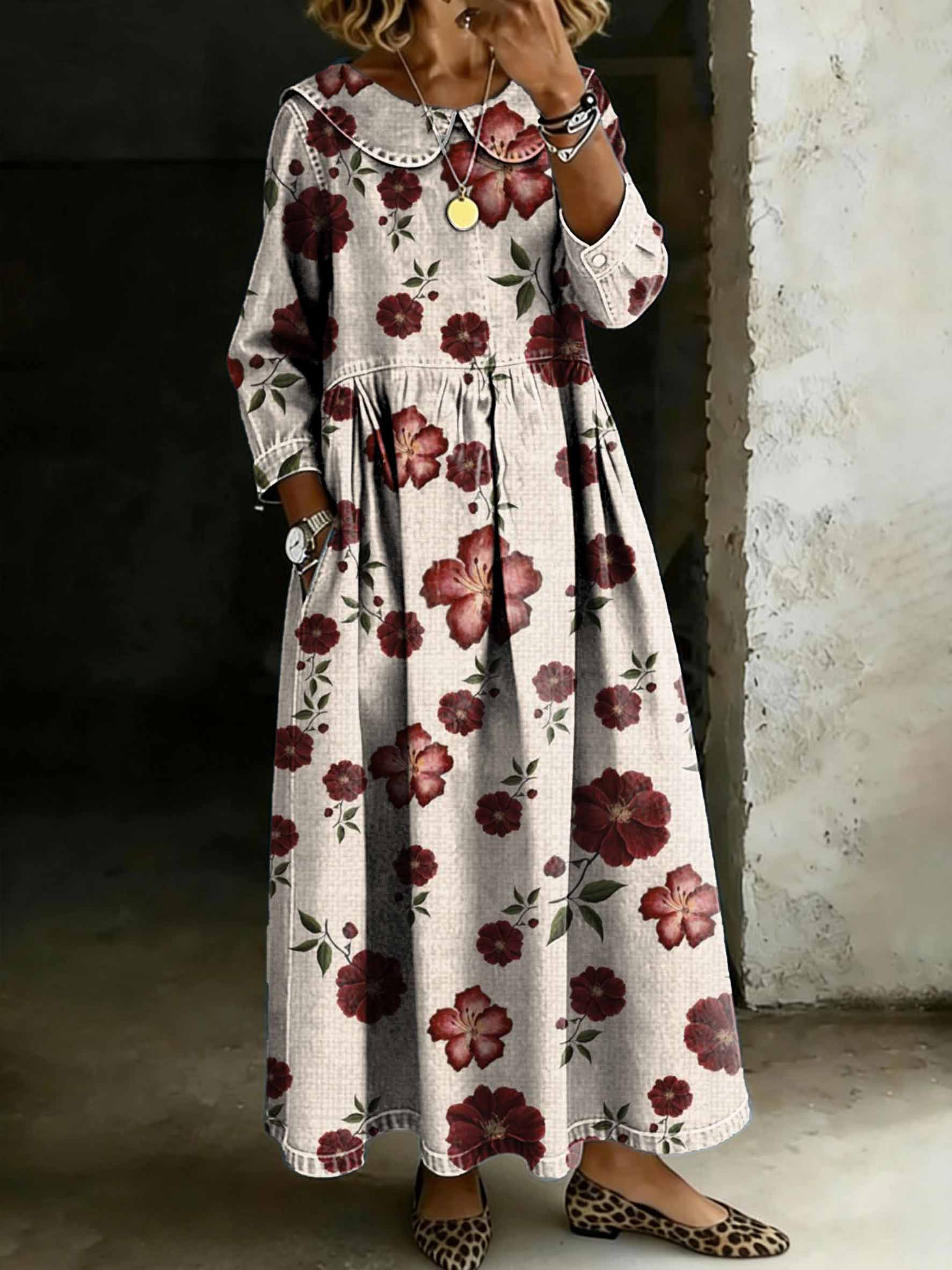 Women's Vintage Red Floral Art Print Lapel Collar Pleated Long Sleeve Casual Loose Denim Dress