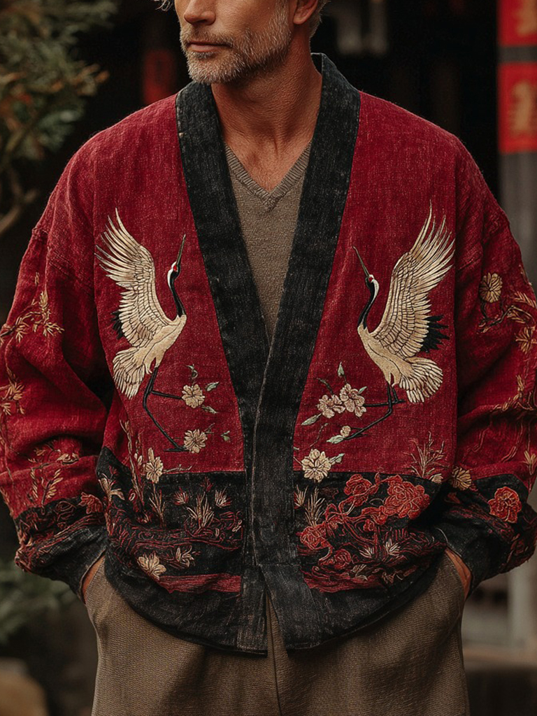 Japanese Cranes With Floral Art Linen Blend Kimono Cardigan