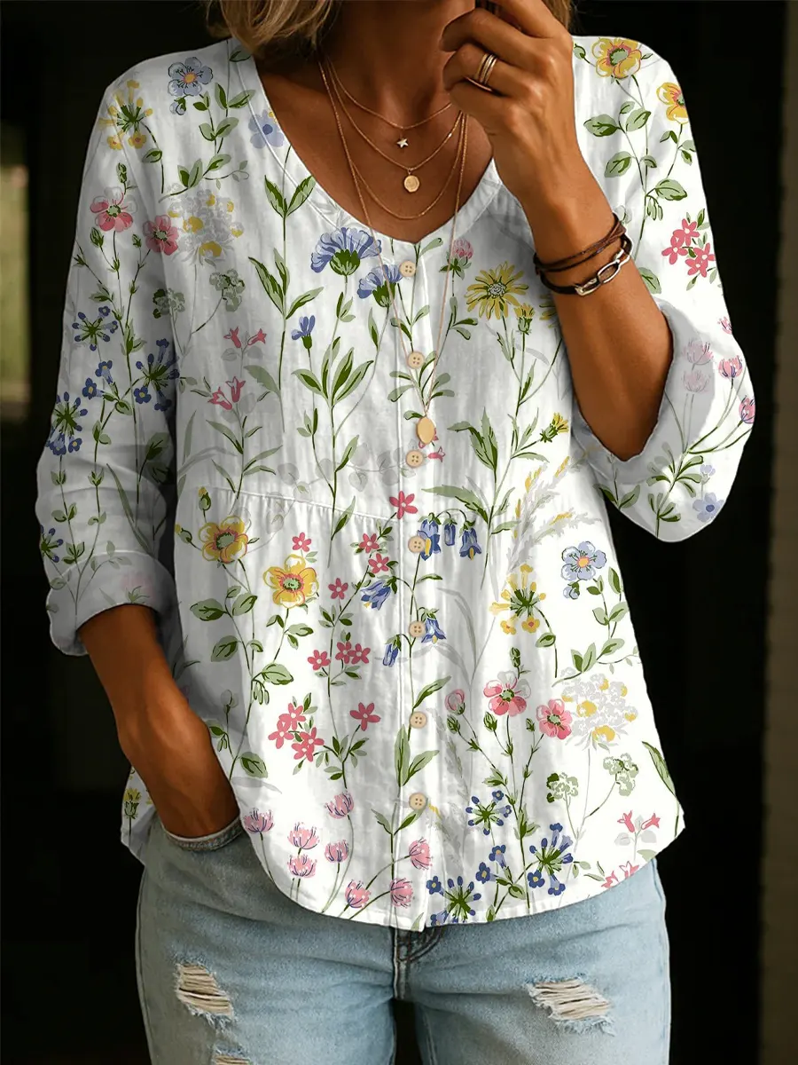 Women's Floral Pattern Art Print Casual Cotton Shirt