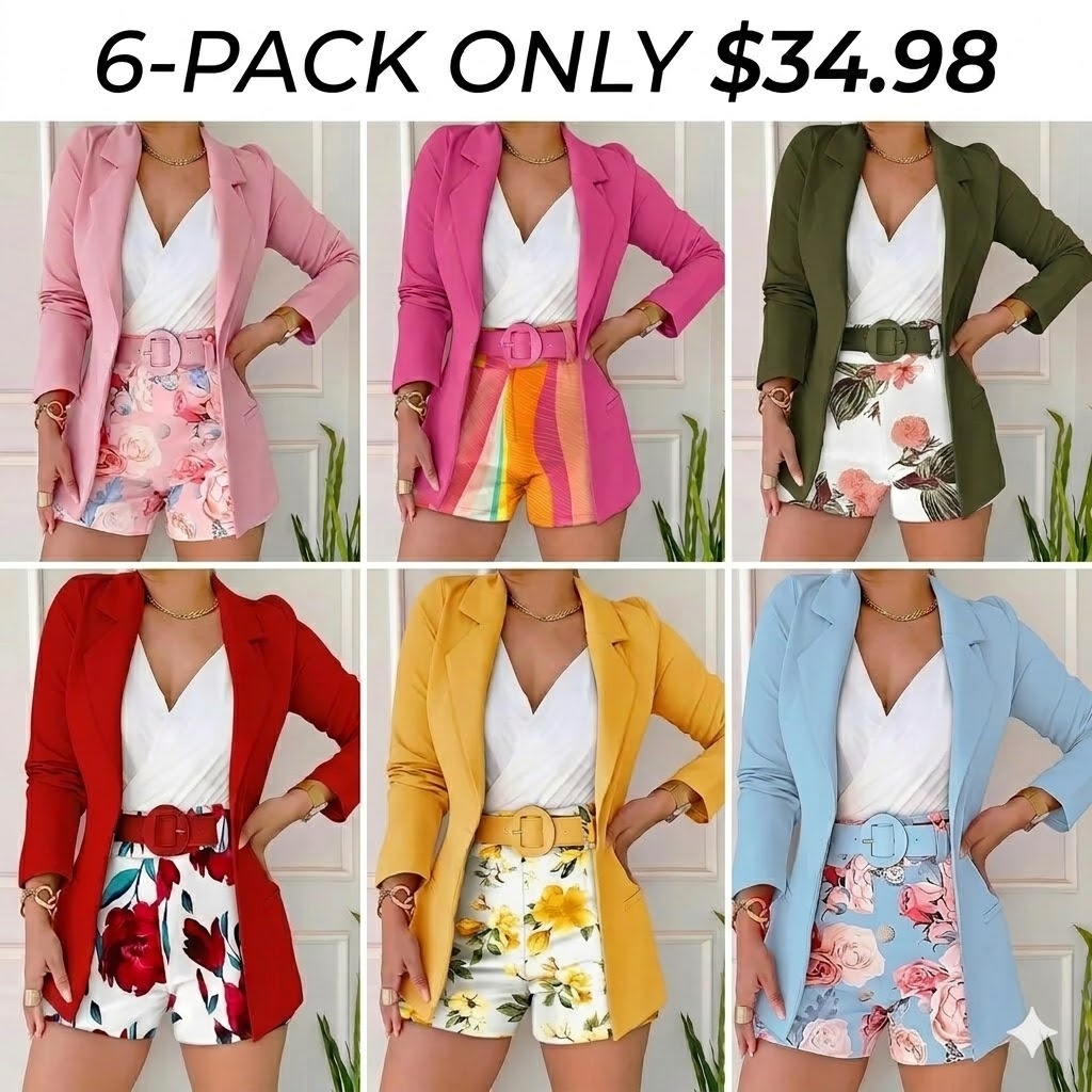 2026 Women's Long Sleeve Blazer & Floral Print Shorts Wedding Guest Set With Belt Wedding