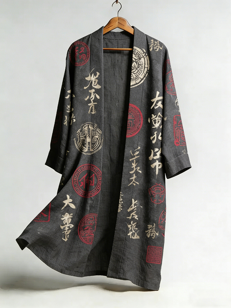 Men's Retro Calligraphy Art And Japanese Symbol Print Linen Long Kimono