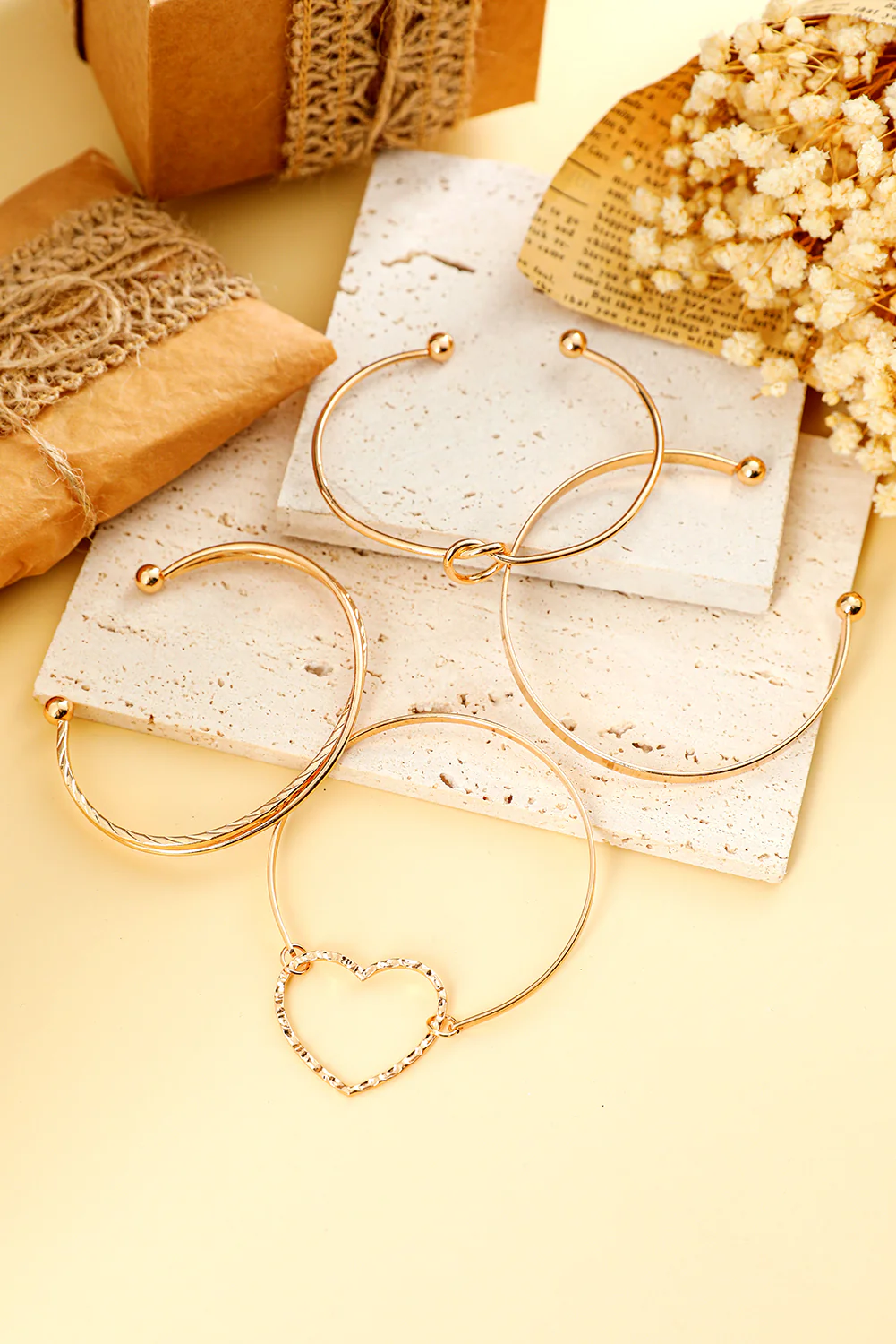 Gold Heart Knot Plated Multi Layer Open Cuff Bracelet Set