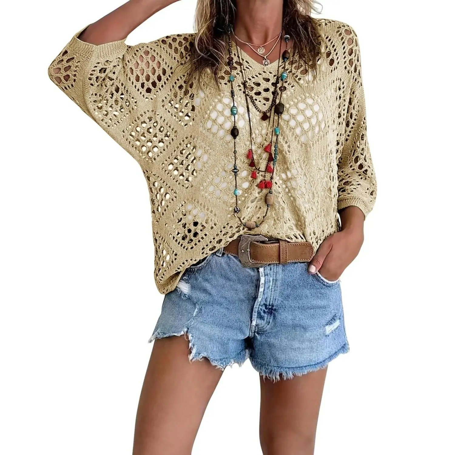 🔥【Stock Up Deals】Women's Bohemian-Inspired Beige Crochet Top with V-Neck