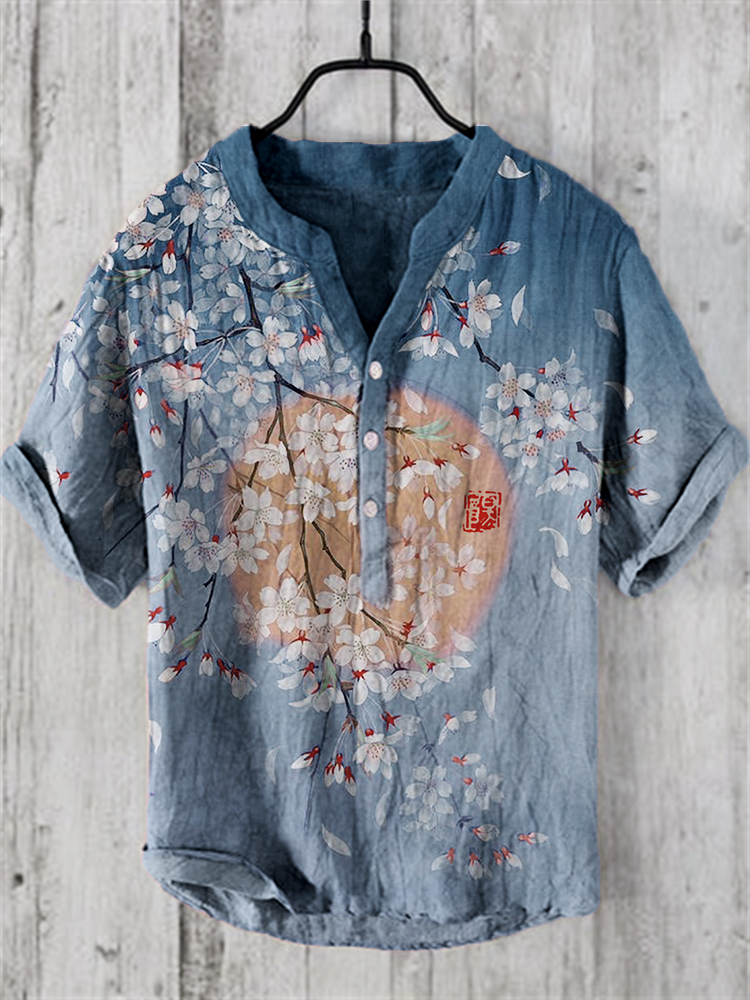 Cherry Blossom Full Moon Japanese Art Linen Blend Shirt