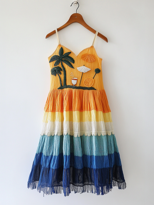 Summer Fashion Suspender Gradient Embroidery Dress  0cdc