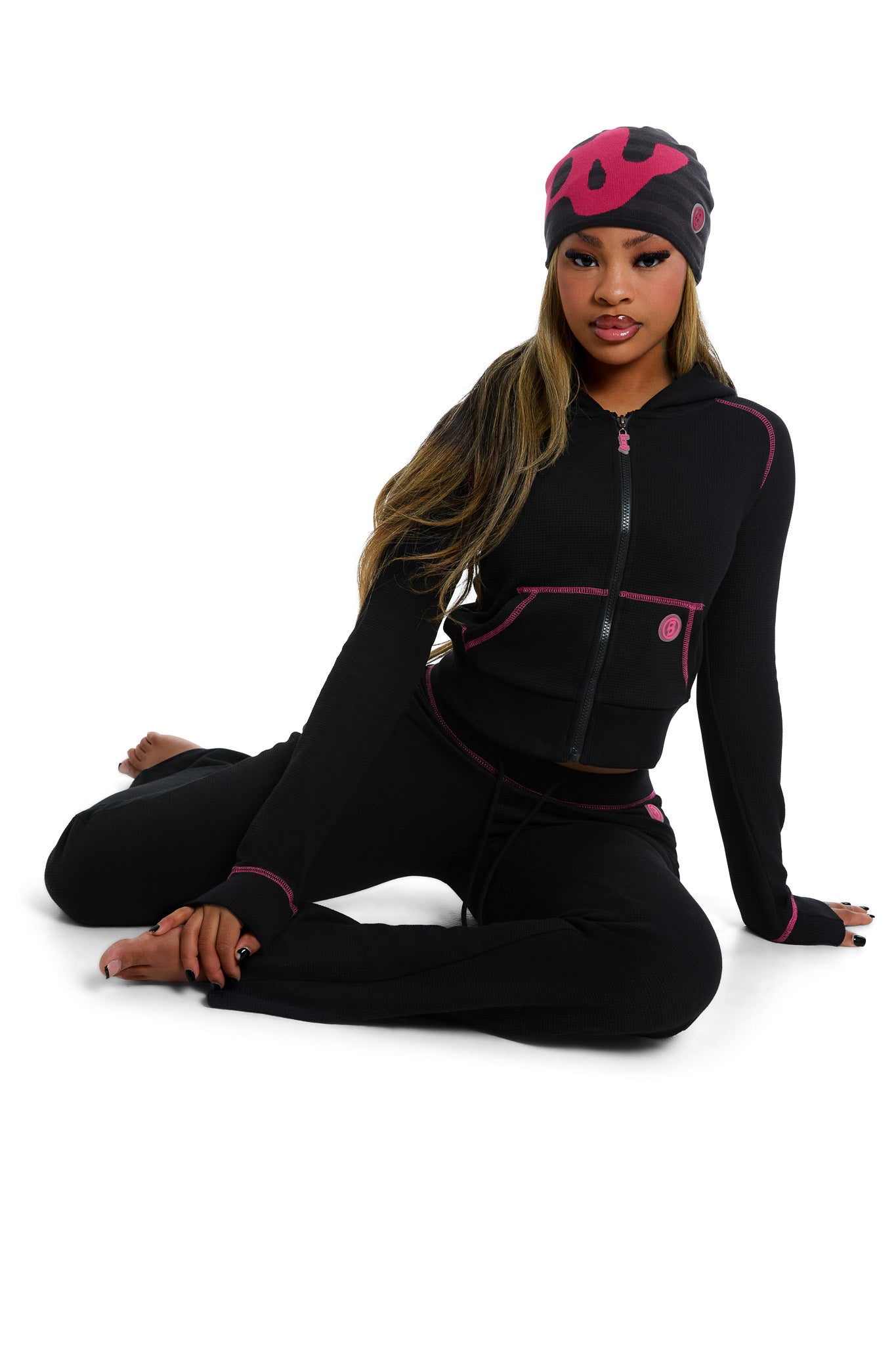 WAFFLE KNIT BOOT CUT PANTS (BLACK/PINK)