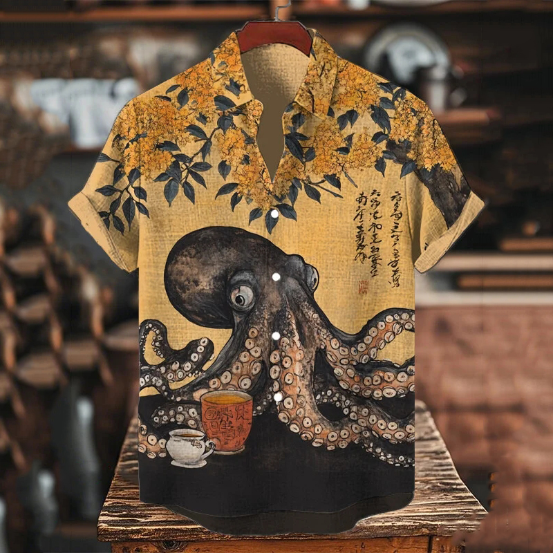 Men's Octopus Drinking Tea Under The Osmanthus Tree Art Print Short Sleeve Shirt