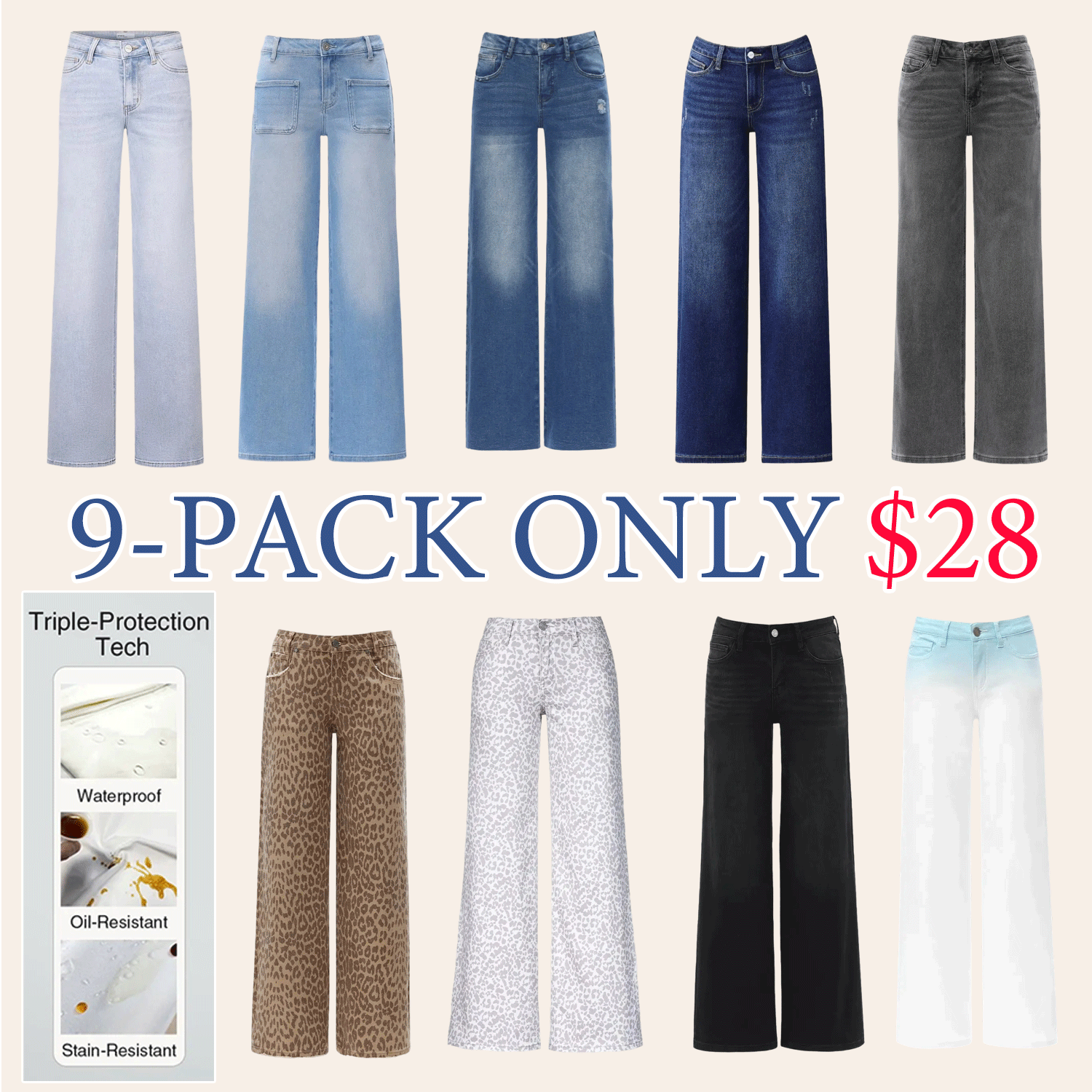 🔥Women’s Mid-Low Rise Baggy Distressed Jeans – Stretchy Wide Leg Denim Pants