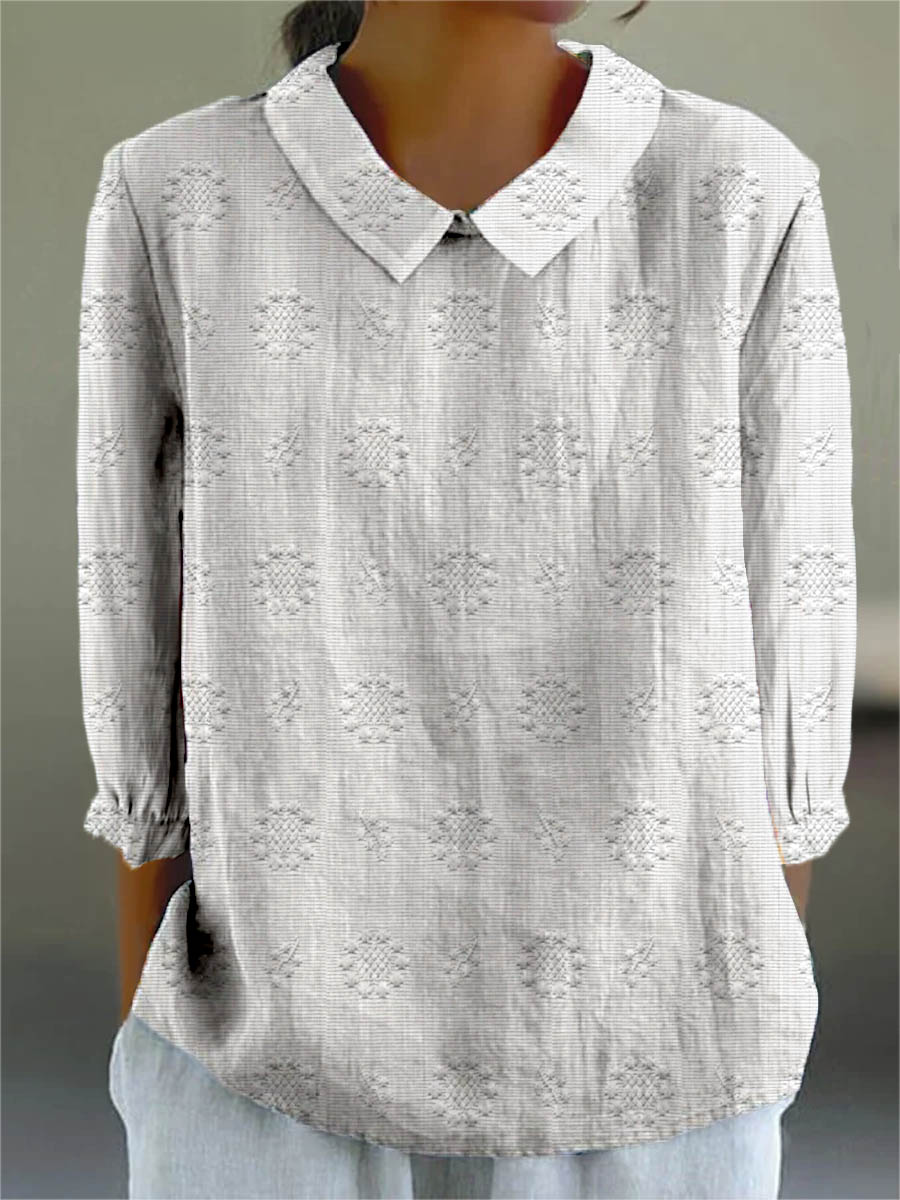 Women's Vintage Floral Art Print Casual Cotton And Linen 3/4 Sleeve Shirt