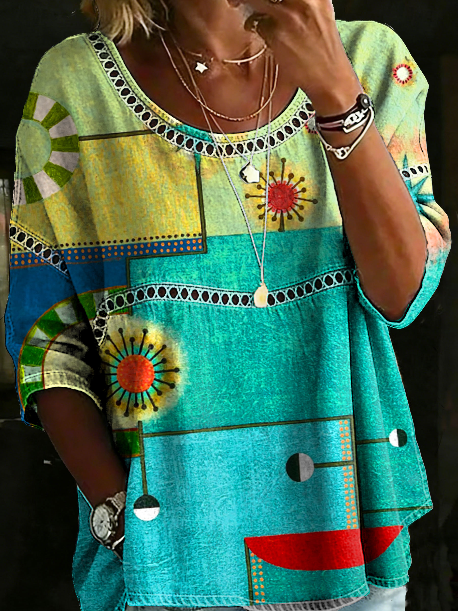 Women's Vintage Abstrct Casual Loose Denim Blouse Shirt