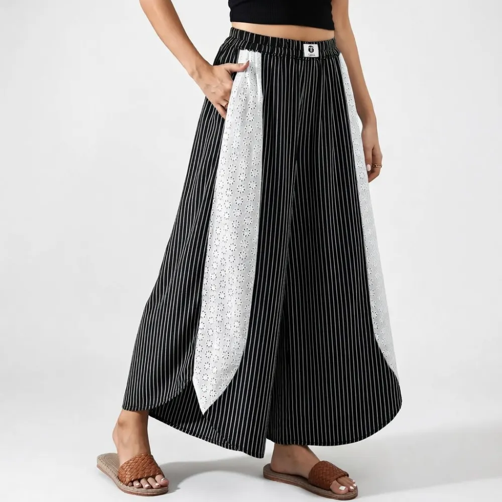 Women’s Boho Striped Wide Leg Palazzo Pants with Lace Panel