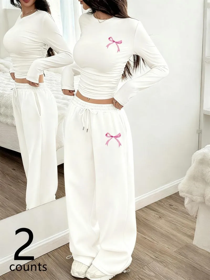Two-Piece Set Women's Bowknot Print Regular Fit Round Neck T-shirt And Pants