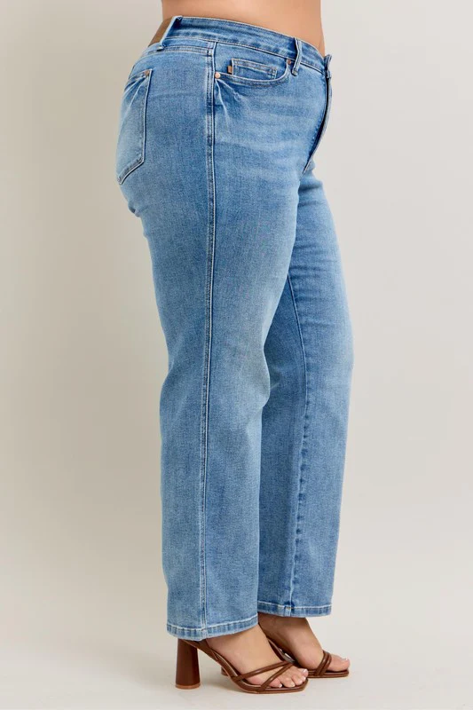 Blue Full Size Tummy Control Vintage Wash Straight Jeans Plus Size