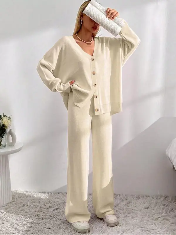 Women’s Knit Cardigan & Wide-Leg Pants Set