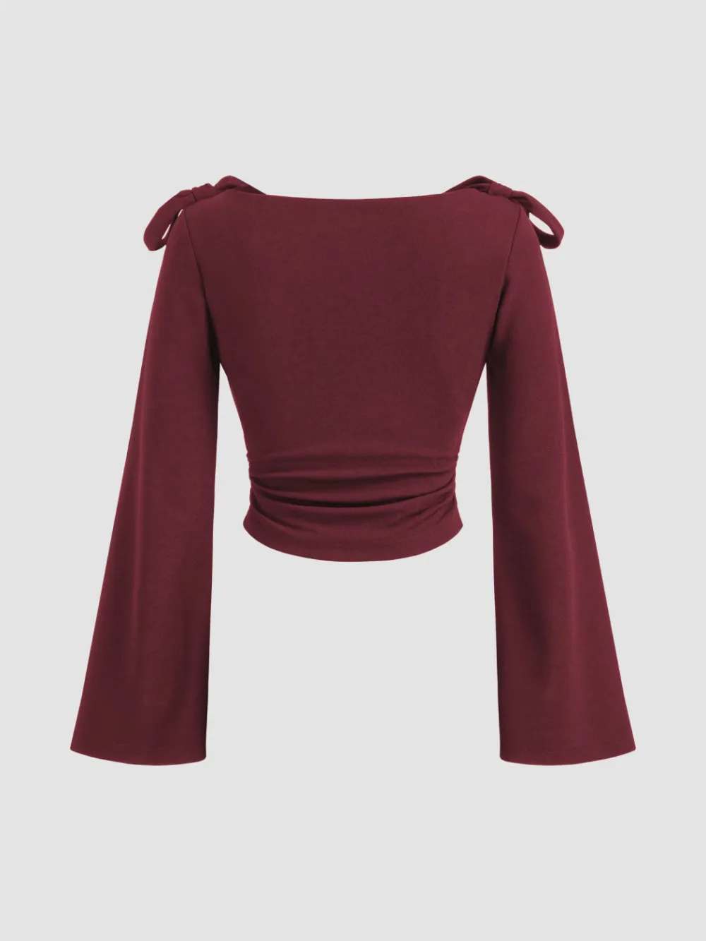 Boat Neck Gingham Bowknot Ruched Long Sleeve Top