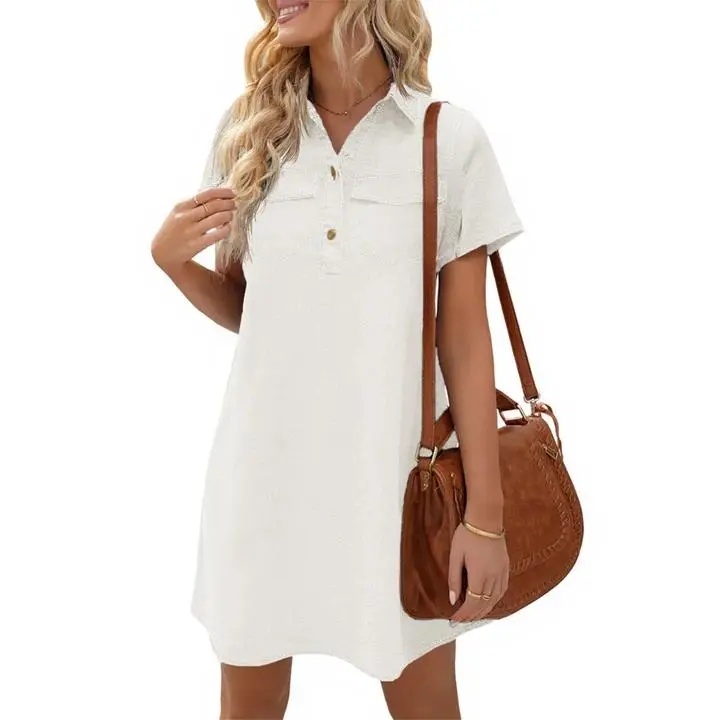 Women's Short Sleeve Denim Dress Button Down Collared Loose Fit Summer Casual Jean Shirt Mini Dresses
