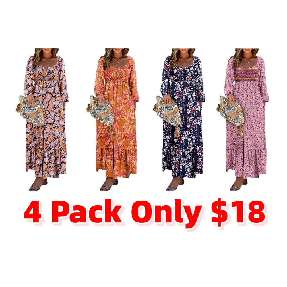 Women’s Long Sleeve Boho Dress – Square Neck & Button Detail