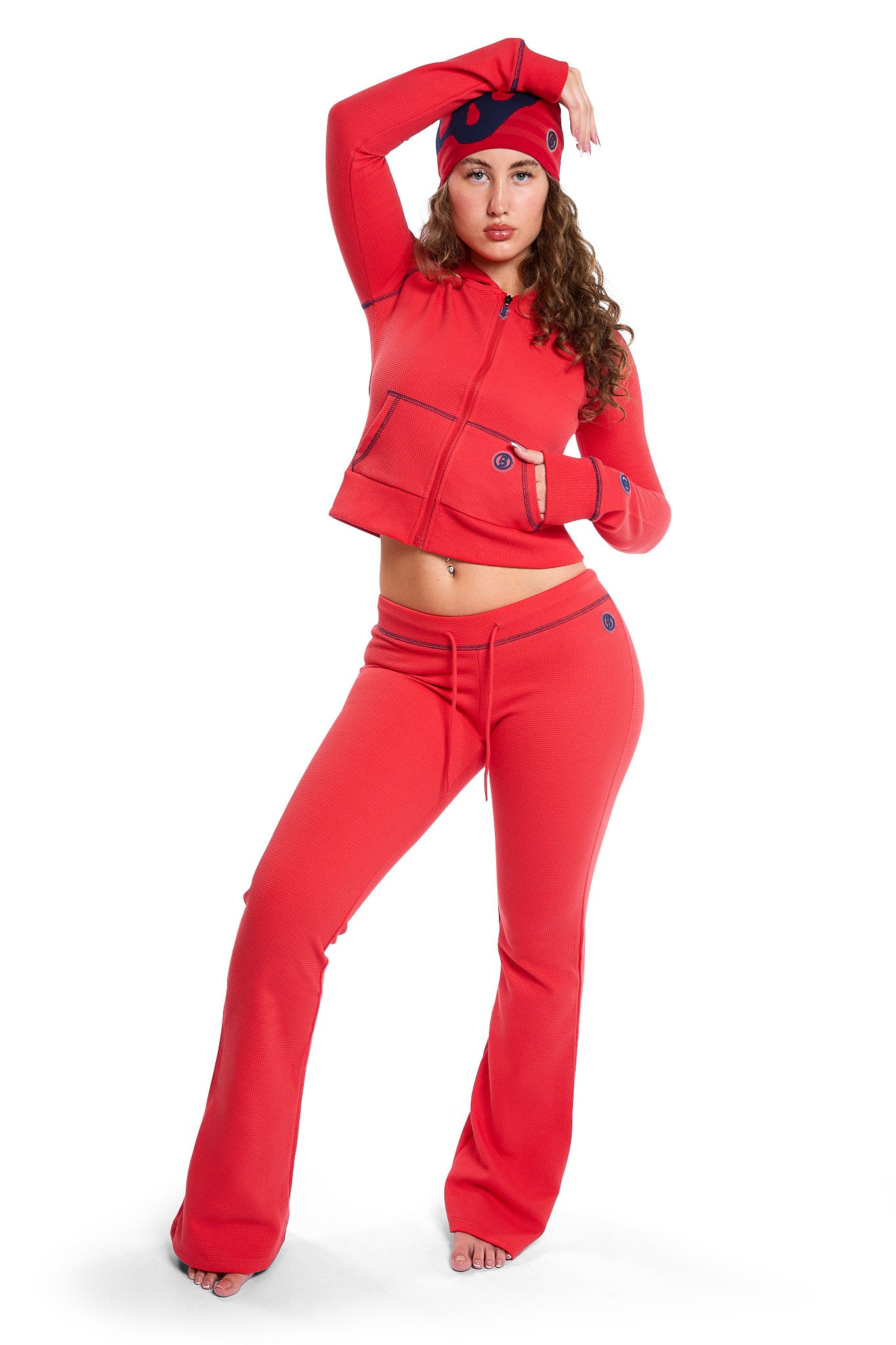 WAFFLE KNIT BOOT CUT PANTS (CANDY APPLE RED/NAVY)