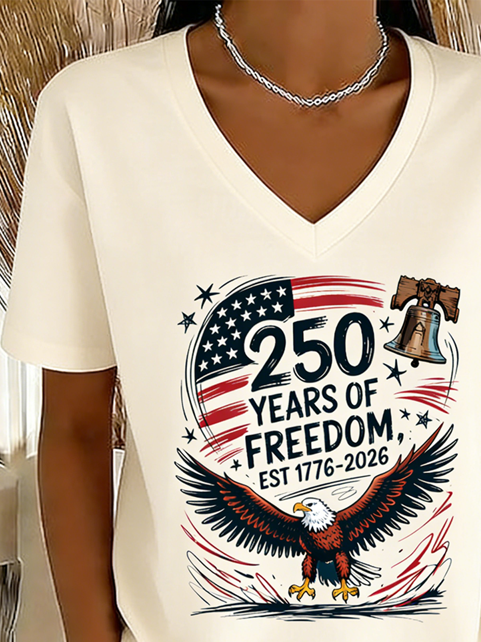 Letter Pattern V Neck Regular Fit Elegant T-Shirt