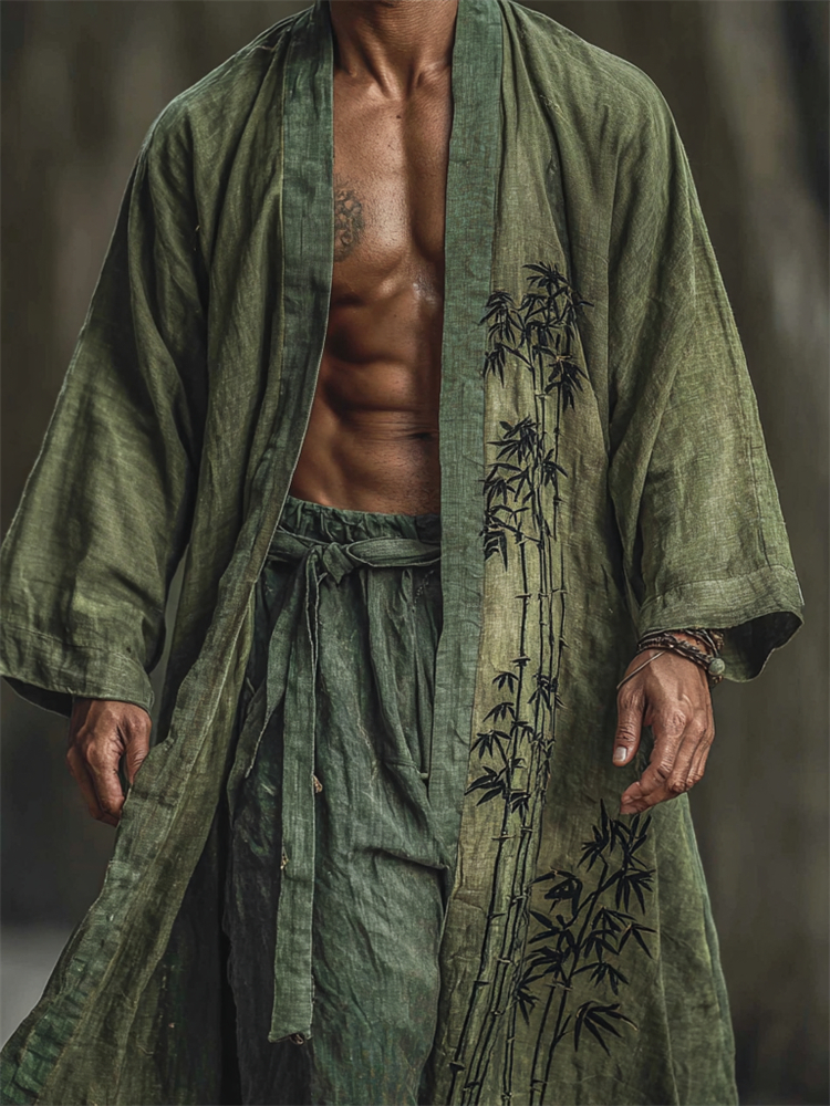 Men's Vintage Japanese Bamboo Art Dyed Flowy Linen Long Kimono