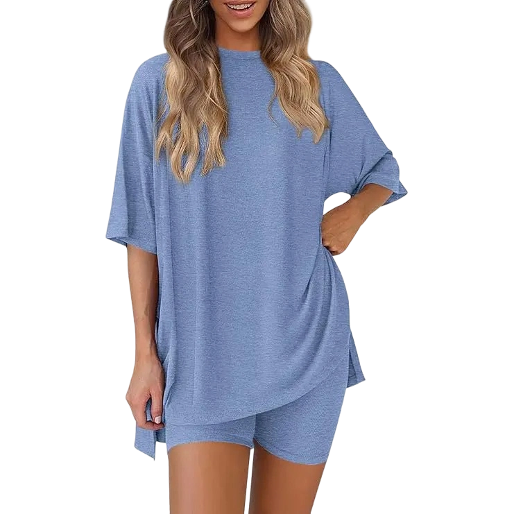 Two-Piece Set For Women Summer Casual Oversized Split Hem Shirts & Side Pocket Biker Shorts Minimalist Lounge Wear Soft Viscose Fabric
